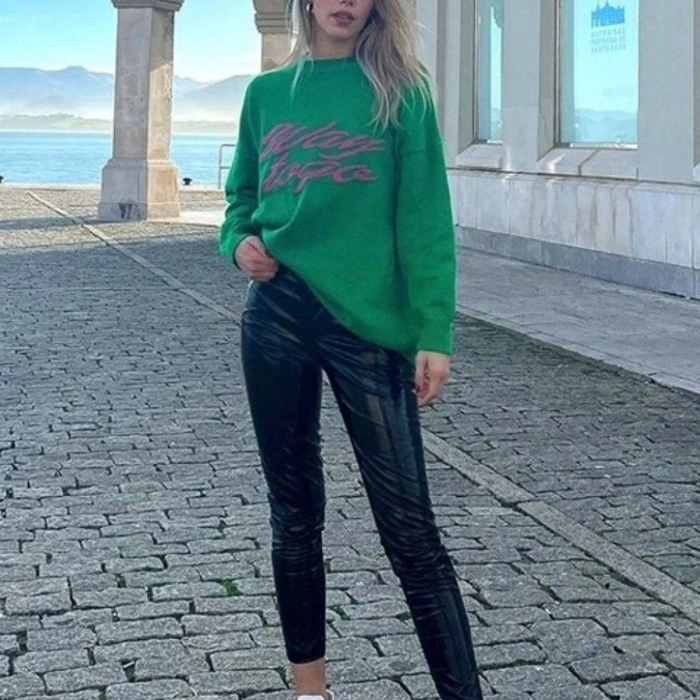 WAY TO GO graphic green pink long sleeve knit sweater top - Picture 4 of 10